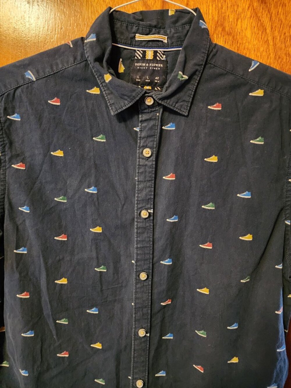 Men's Large Denim & Flower Ricky Singh Blue Sneaker Print Short Sleeve Shirt